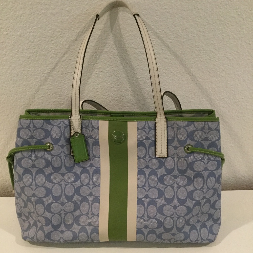 Coach Light Blue Weekender Tote with Green Accents